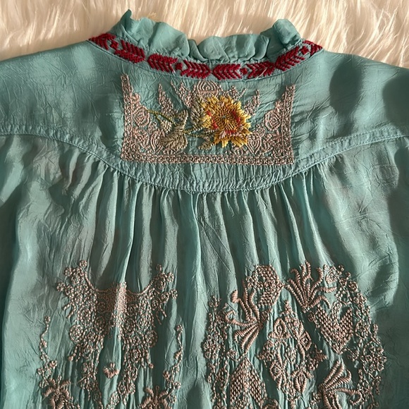 JOHNNY WAS Allbee Embroidered Floral Geometric Print Ruffle Scallop Hem Blouse - Picture 9 of 11